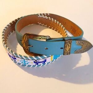 Vintage Ice Blue Leather Beaded aztec Design Belt Brass TONE Buckle Sz.M